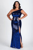 Sparkly Dark Blue Plus Size One Shoulder Sequined Formal Dress with Slit