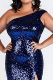 Sparkly Dark Blue Plus Size One Shoulder Sequined Formal Dress with Slit