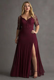 Burgundy Plus Size Half Sleeves A Line Formal Dress with Slit