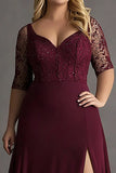 Burgundy Plus Size Half Sleeves A Line Formal Dress with Slit