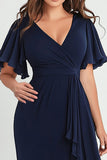 Navy Plus Size V-Neck Long A Line Chiffon Formal Dress with Ruffles