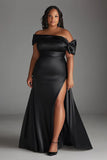 Black Off the Shoulder Long Satin Plus Size Formal Dress with Slit