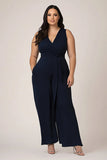 Simple Navy Plus Size V-Neck Long Formal Jumpsuit