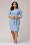 Sky Blue Plus Size Knee Length Crepe Formal Dress with Sash