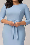 Sky Blue Plus Size Knee Length Crepe Formal Dress with Sash