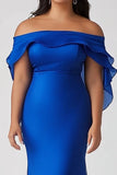 Royal Blue Off the Shoulder Mermaid Plus Size Formal Dress with Ruffles