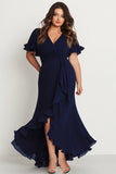 Navy V-Neck Short Sleeves Long Ruffled Plus Size Formal Dress