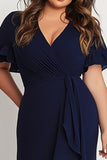 Navy V-Neck Short Sleeves Long Ruffled Plus Size Formal Dress