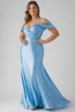 Sky Blue Sheath Off the Shoulder Maxi Plus Size Formal Dress