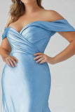 Sky Blue Sheath Off the Shoulder Maxi Plus Size Formal Dress