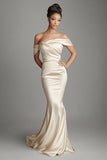 Satin Sheath Champagne Off the Shoulder Maxi Formal Dress