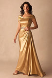 Gold A Line Cap Sleeves Floor Length Formal Dress