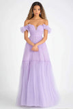 Off the Shoulder Lilac A Line Long Formal Dress with Ruffles