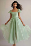 A Line Light Green Square Neck Cap Sleeves Long Formal Dress