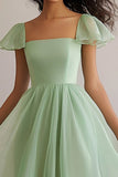 A Line Light Green Square Neck Cap Sleeves Long Formal Dress