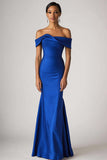Royal Blue Sheath Off the Shoulder Satin Long Formal Dress