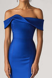 Royal Blue Sheath Off the Shoulder Satin Long Formal Dress
