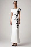 Appliqued Short Sleeves White Sheath Long Formal Dress