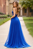 A Line Royal Blue Lace Applique Long Prom Dress with Slit