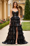 Black Metallic Tiered A Line Long Prom Dress with Slit