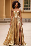 Metallic Pleated Gold A Line Sweetheart Long Prom Dress with Slit
