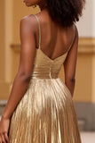 Metallic Pleated Gold A Line Sweetheart Long Prom Dress with Slit