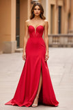 Red Strapless Satin Mermaid Long Prom Dress with Slit