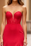 Red Strapless Satin Mermaid Long Prom Dress with Slit