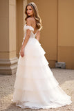 White A Line Off the Shoulder Lace Tiered Long Prom Dress with Slit