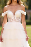 White A Line Off the Shoulder Lace Tiered Long Prom Dress with Slit