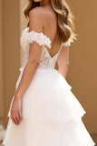 White A Line Off the Shoulder Lace Tiered Long Prom Dress with Slit