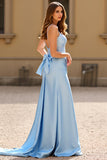 Sky Blue V-Neck Satin A Line Long Prom Dress with Bows