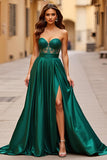 A Line Dark Green Sweetheart Long Prom Dress with Slit