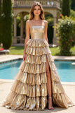Metallic Gold Strapless Tiered Ball Gown Long Prom Dress with Slit
