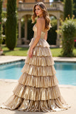 Metallic Gold Strapless Tiered Ball Gown Long Prom Dress with Slit
