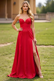 Red Sweetheart Satin A Line Long Prom Dress with Slit