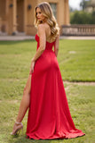 Red Sweetheart Satin A Line Long Prom Dress with Slit