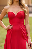 Red Sweetheart Satin A Line Long Prom Dress with Slit