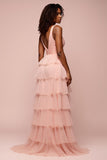 A Line Pink V-Neck Tiered Long Prom Dress with Slit
