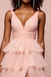 A Line Pink V-Neck Tiered Long Prom Dress with Slit