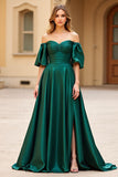 Dark Green A Line Off the Shoulder Satin Long Prom Dress with Slit