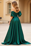 Dark Green A Line Off the Shoulder Satin Long Prom Dress with Slit