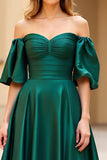 Dark Green A Line Off the Shoulder Satin Long Prom Dress with Slit