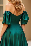 Dark Green A Line Off the Shoulder Satin Long Prom Dress with Slit