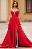 Red Long Strapless A Line Satin Prom Dress with Slit