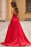 Red Long Strapless A Line Satin Prom Dress with Slit
