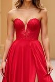 Red Long Strapless A Line Satin Prom Dress with Slit