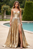 Gold Metallic A Line Strapless Pleated Long Prom Dress with Slit