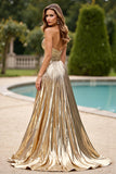 Gold Metallic A Line Strapless Pleated Long Prom Dress with Slit