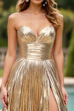Gold Metallic A Line Strapless Pleated Long Prom Dress with Slit